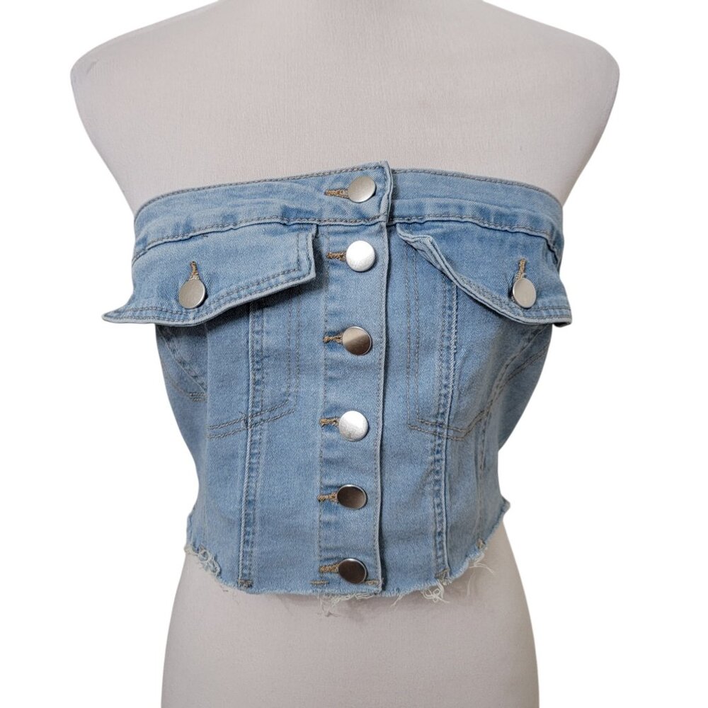 SHEIN Curve Size 0XL Light Wash Blue Denim Strapless Bustier